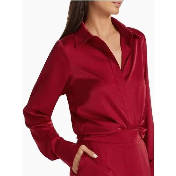 Andrea lyamah Red Vana Satin Button-Front Shirt.Saks Fifth Avenue. Sz S. NWT - Picture 10 of 13